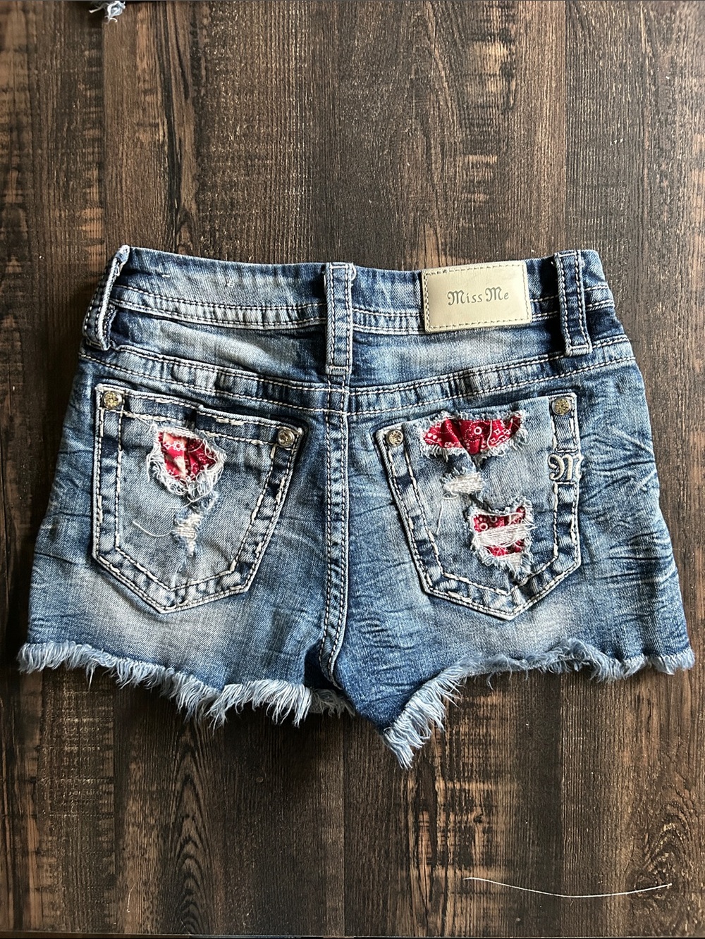 Miss Me Light Blue Distressed Denim Shorts with Red Bandana Details